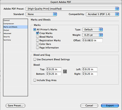 Screenshot of my InDesign crop mark settings for business cards