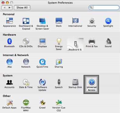The System Preferences Menu with the Universal Access Option