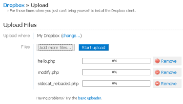 Upload files via the Dropbox web interface