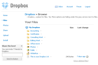 Viewing your files in the Dropbox web interface