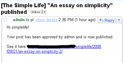E-mail regarding approved post