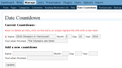 Admin screenshot of Peter's Date Countdown for WordPress
