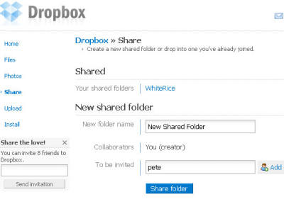 Sharing a new folder via the web interface