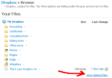 Show deleted files in the Dropbox web interface