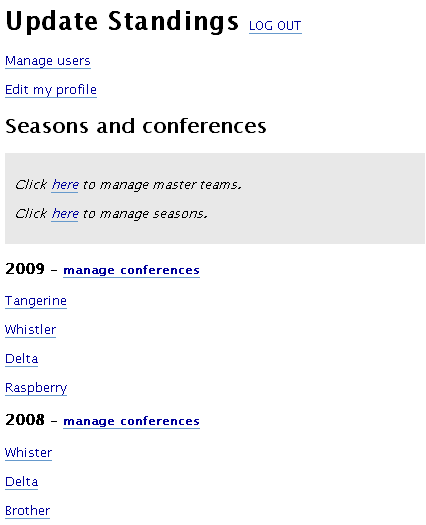 Main admin page shows multiple seasons