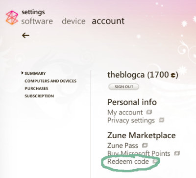 Reedeming your Xbox Live points in the Zune software