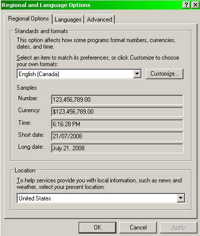 Changing location setting to United States in Windows