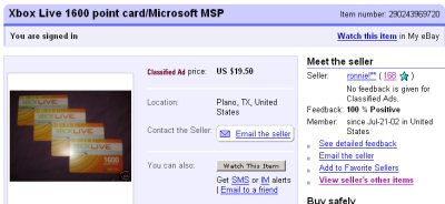 Xbox Live points for sale on eBay