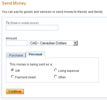 Choose to send money with PayPal for personal items