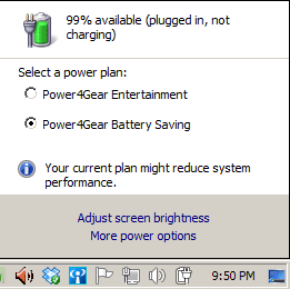 Power Options menu in the status bar