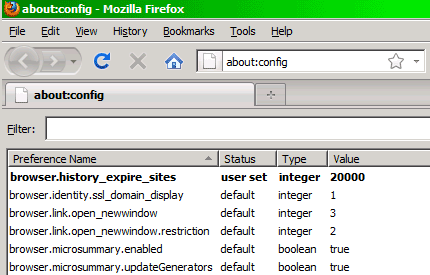 about:config browser.history_expire_sites