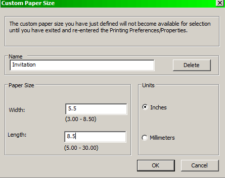 HP 7760 custom paper size dialog