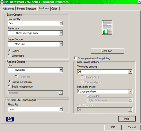 HP 7760 document properties dialog